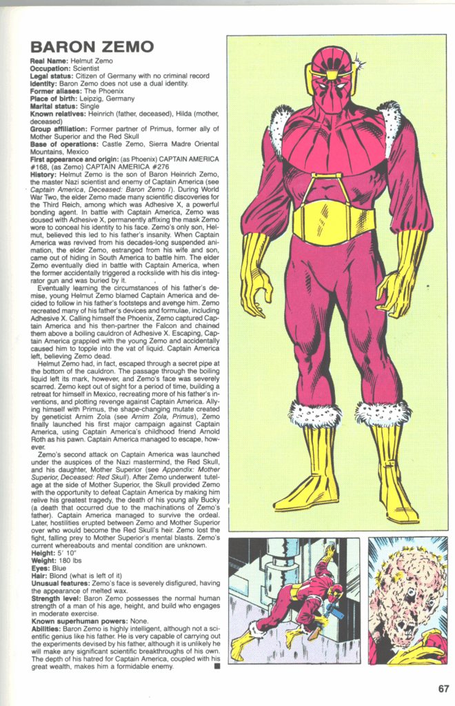 Baron Zemo: Marvel Handbook 1983 Profile